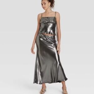 Wild Fable Silver Satin Metallic Midi Maxi Skirt and Strappy Tank Top Set